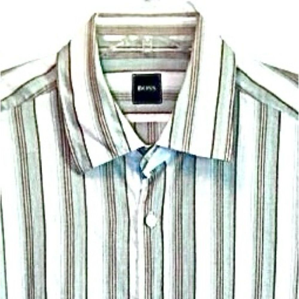 Hugo Boss Striped Linen/Cotton Blend Dress Shirt in White/Blue/Tan Men’s XL